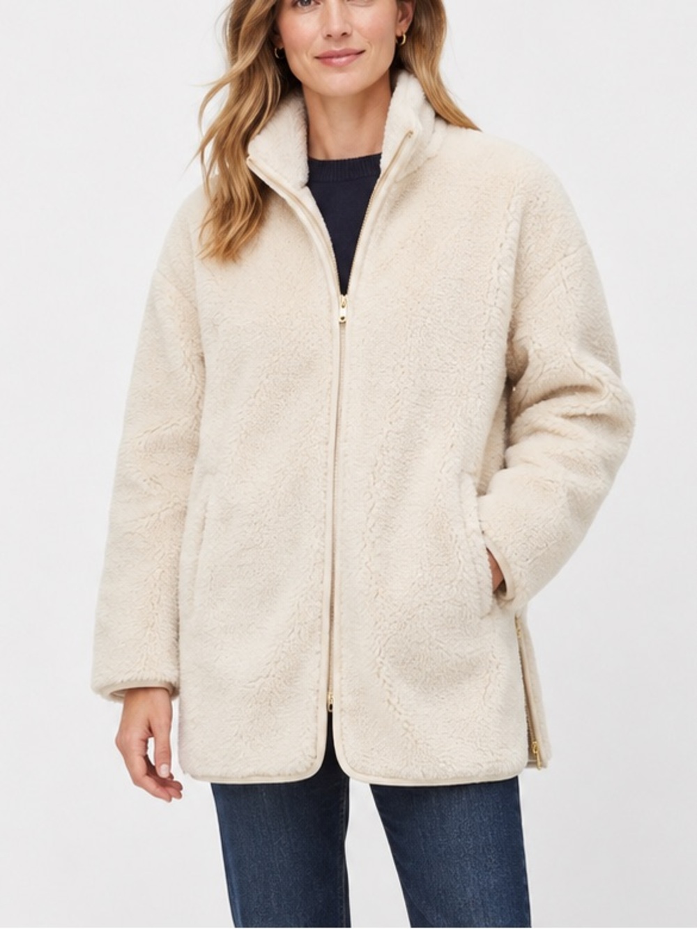 J Crew Faux Fur Scottish Lamb Zip Up Plush Coat, Size Small
